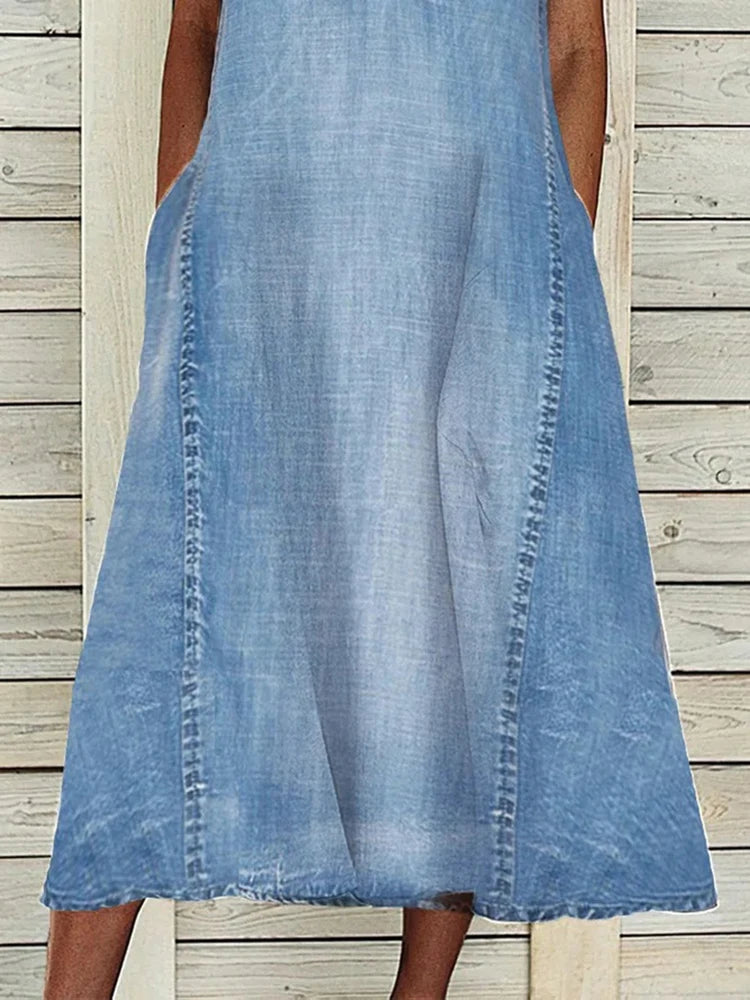 Denim Sleeveless Light Blue Washed A-Line V-Neck Denim Loose Midi Pocketed Jean Dress to 3X