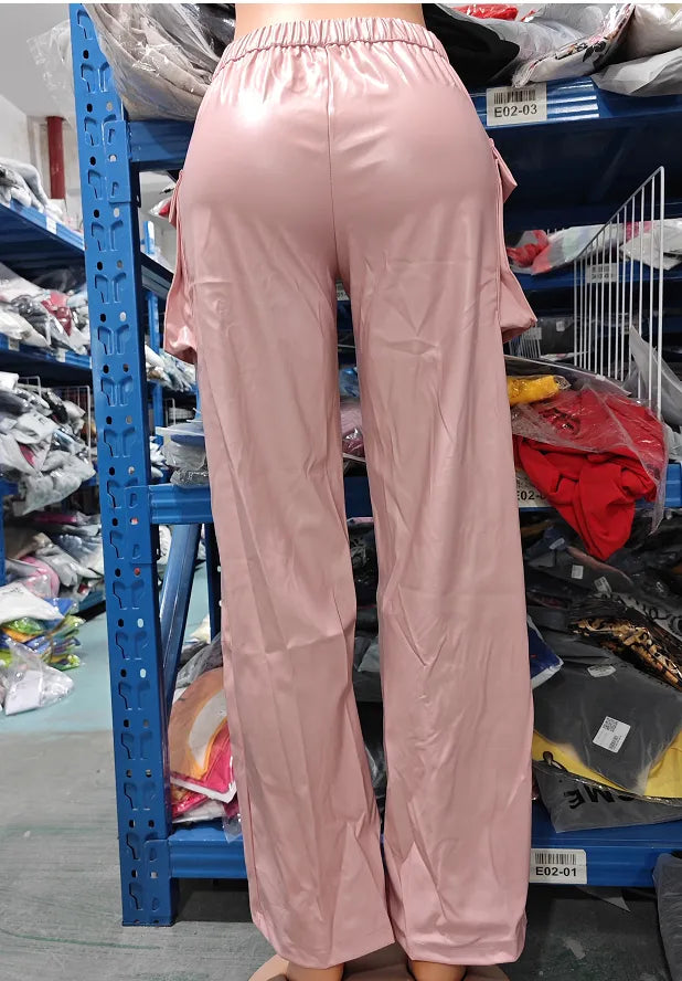 Pink PU Leather Ladies Cargo Pants