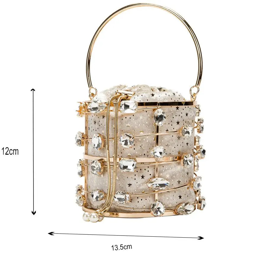 Crystal Diamond Pearl Glitter Beaded Metallic Cage Basket Purse