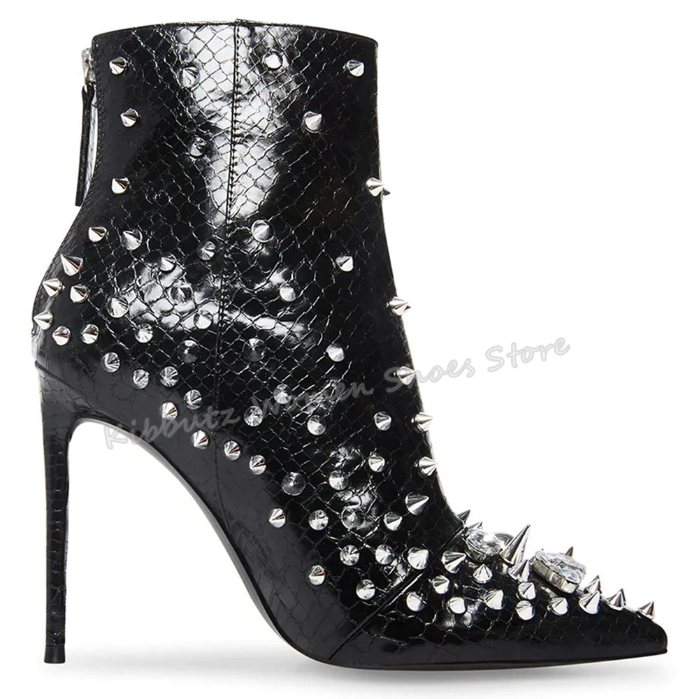 Stud Spiked Crystal Rivet Embellished Zipper Back Pointed Toe Thin Heel Women's Ankle Boots