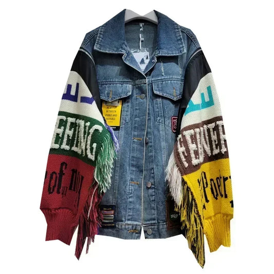 Alphabet Denim Patchwork Knitted Spliced Tassel Fringe Streetwear Women's Wool Sweater Jean Jacket