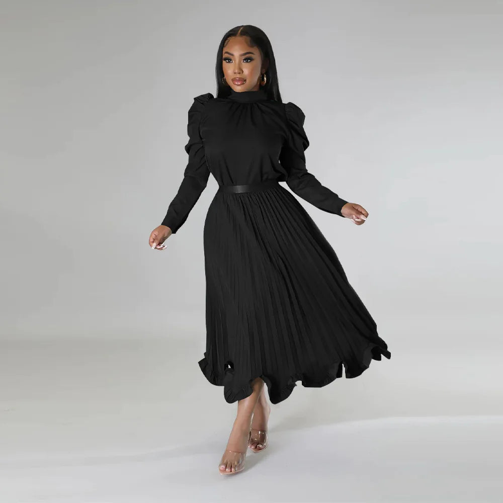 Women’s Solid Color O-Neck Lantern Sleeve Blouse + A-Line Flounce Formal Pleated Maxi Skirt w/ Sash Belt 2-Piece Set
