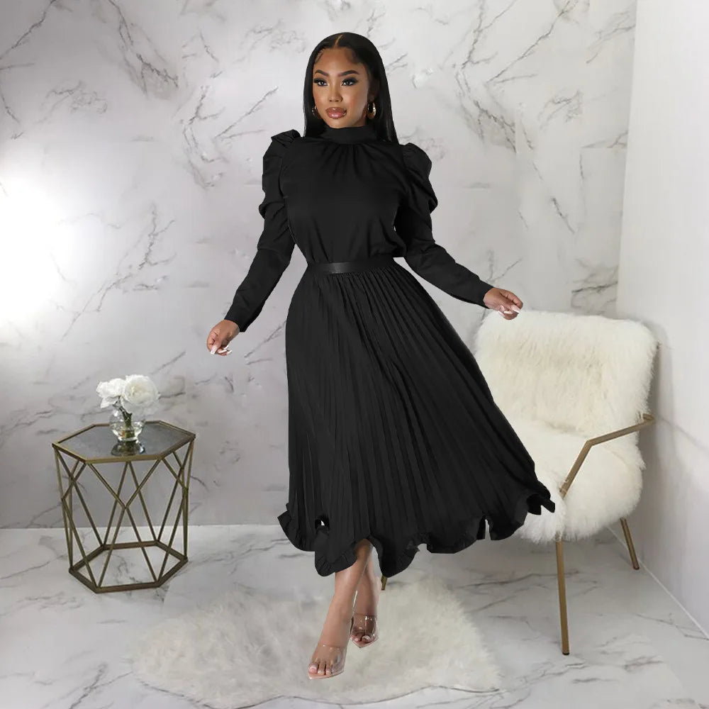 Women’s Solid Color O-Neck Lantern Sleeve Blouse + A-Line Flounce Formal Pleated Maxi Skirt w/ Sash Belt 2-Piece Set