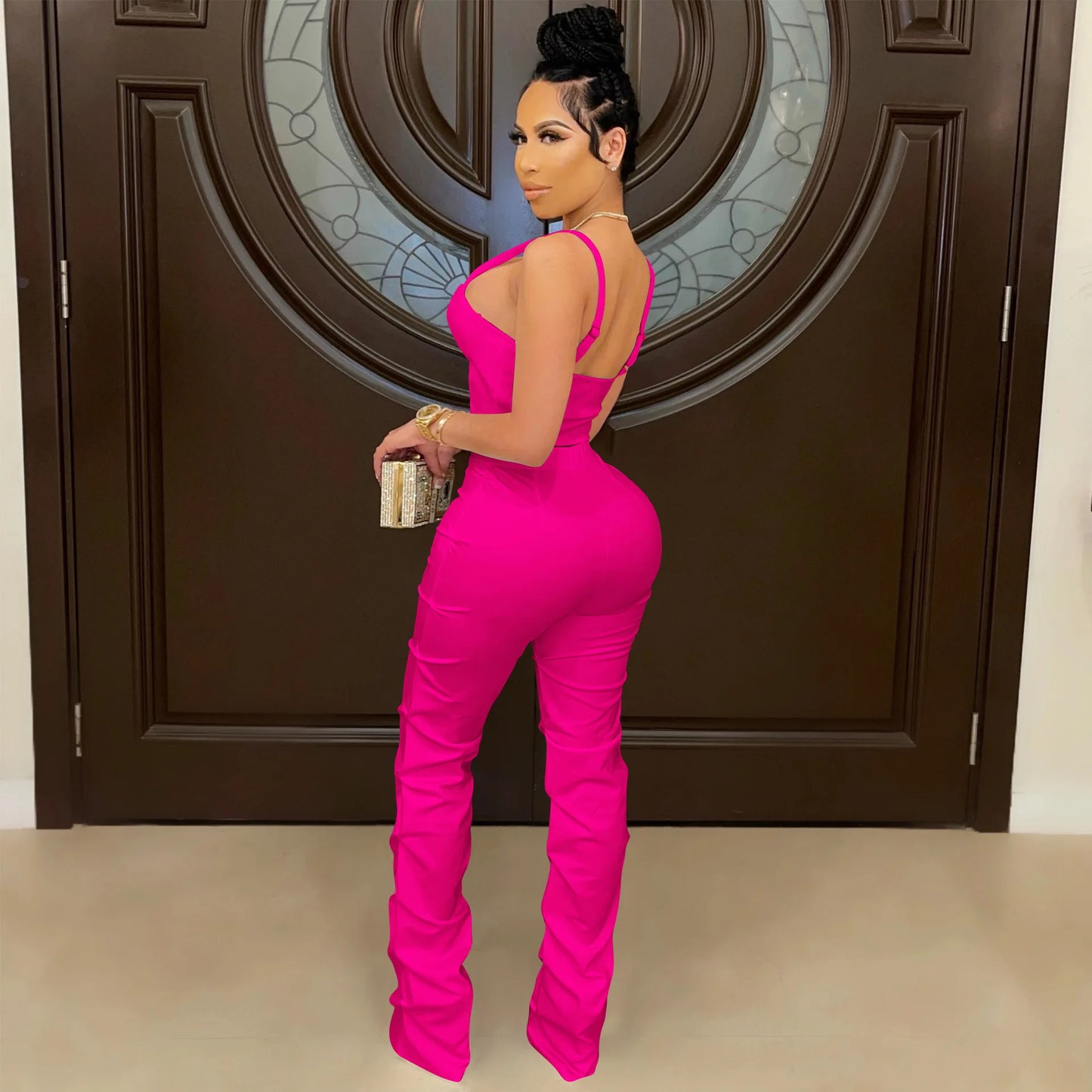 Corset Top Hollow-Out Zipper Front Cropped Tank Top + Stacked Zipper Front Pants Women's 2-Piece Set