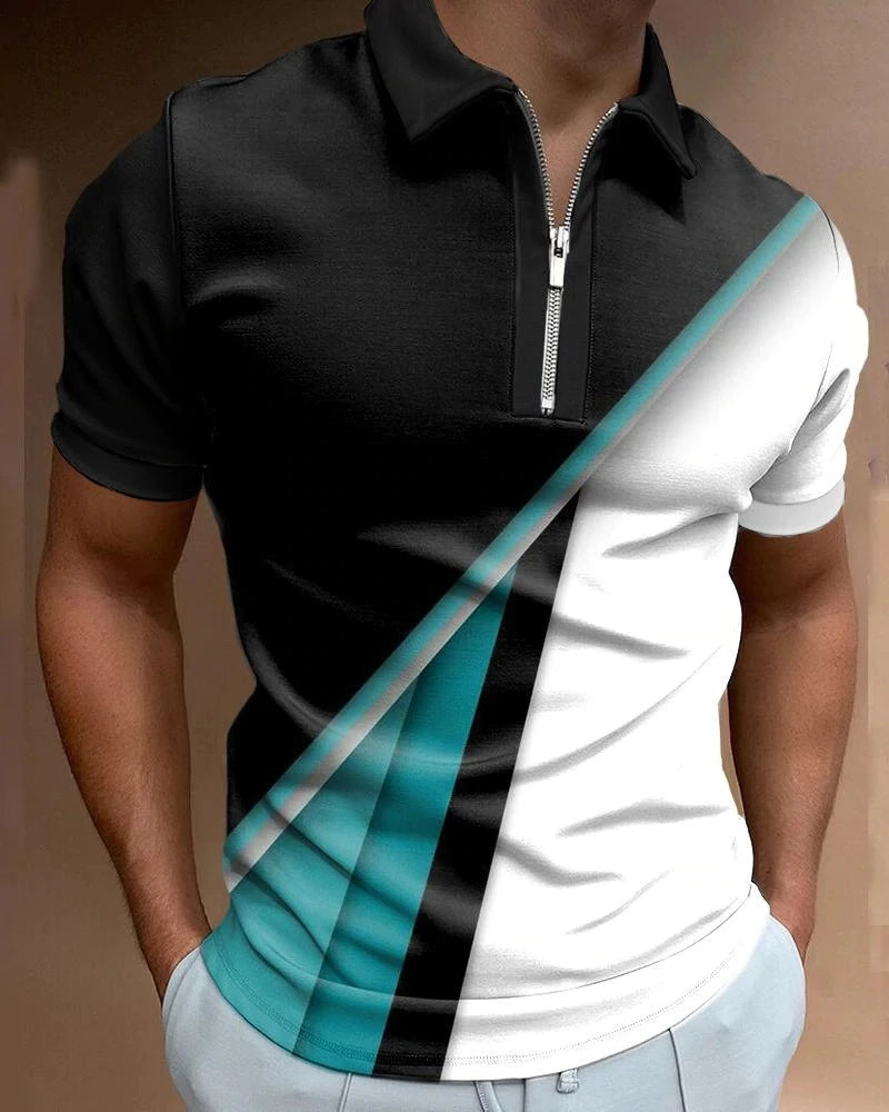 Men's Striped Swirl 3D Print Designer Streetwear Short Sleeve Zipper Polo Shirts