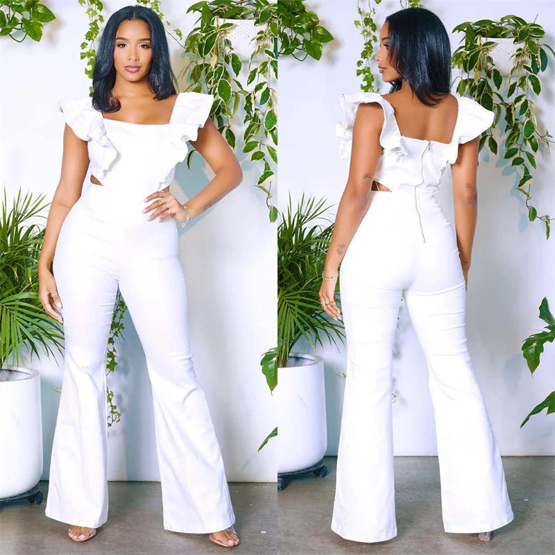 Ruffled Cut-Out Square Neck Skinny Backless Flare Pant Jumpsuit