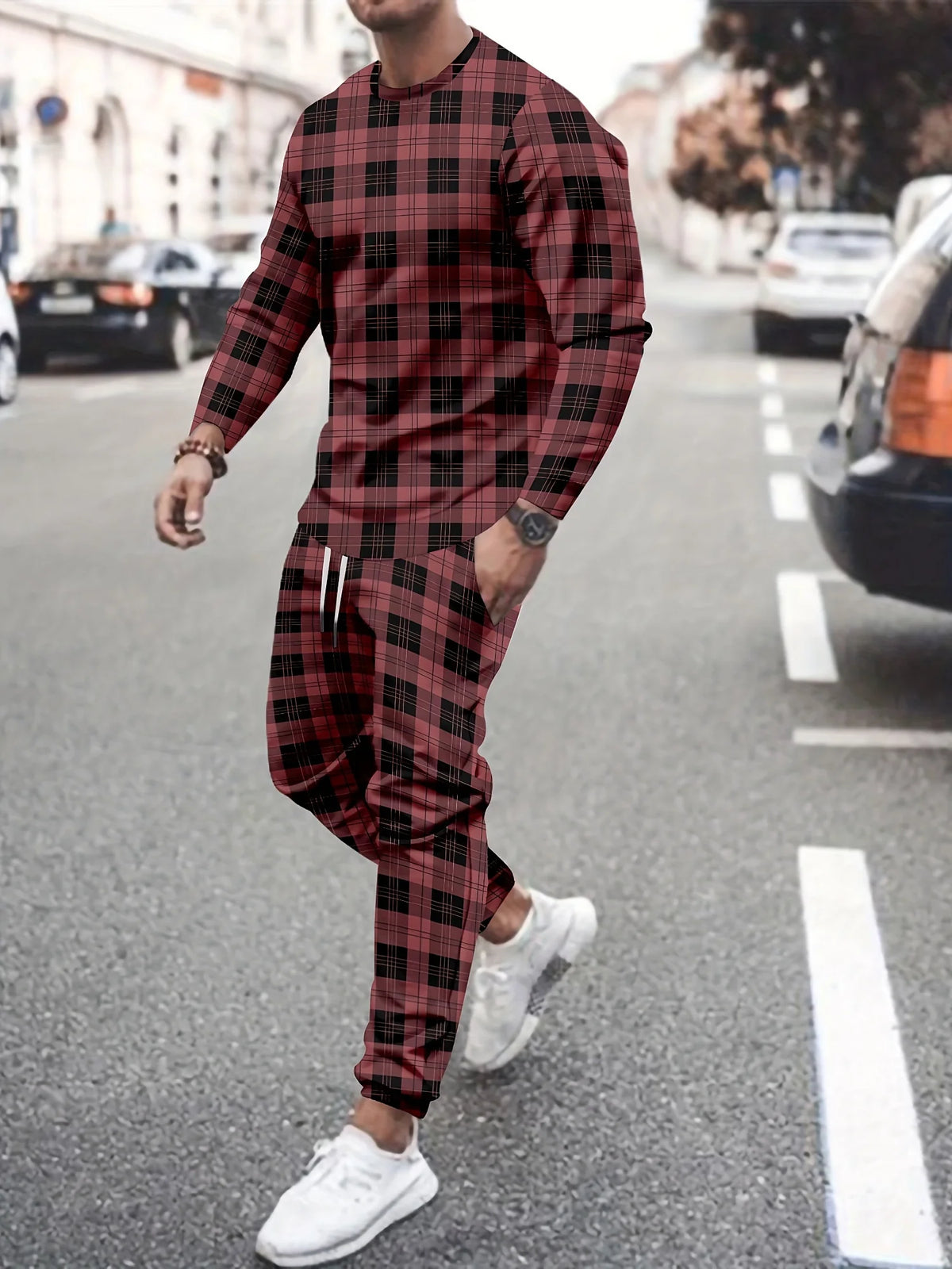Men's Hip-Hop Rainbow/Gradient/Colorblock/Plaid Checker Print Long Sleeve T-Shirt + Pants Sportswear 2-Piece Set