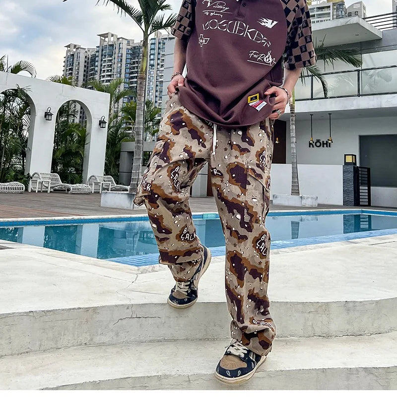 Men's Loose Drawstring Colored Camouflage Straight Trouser Cargo Pants