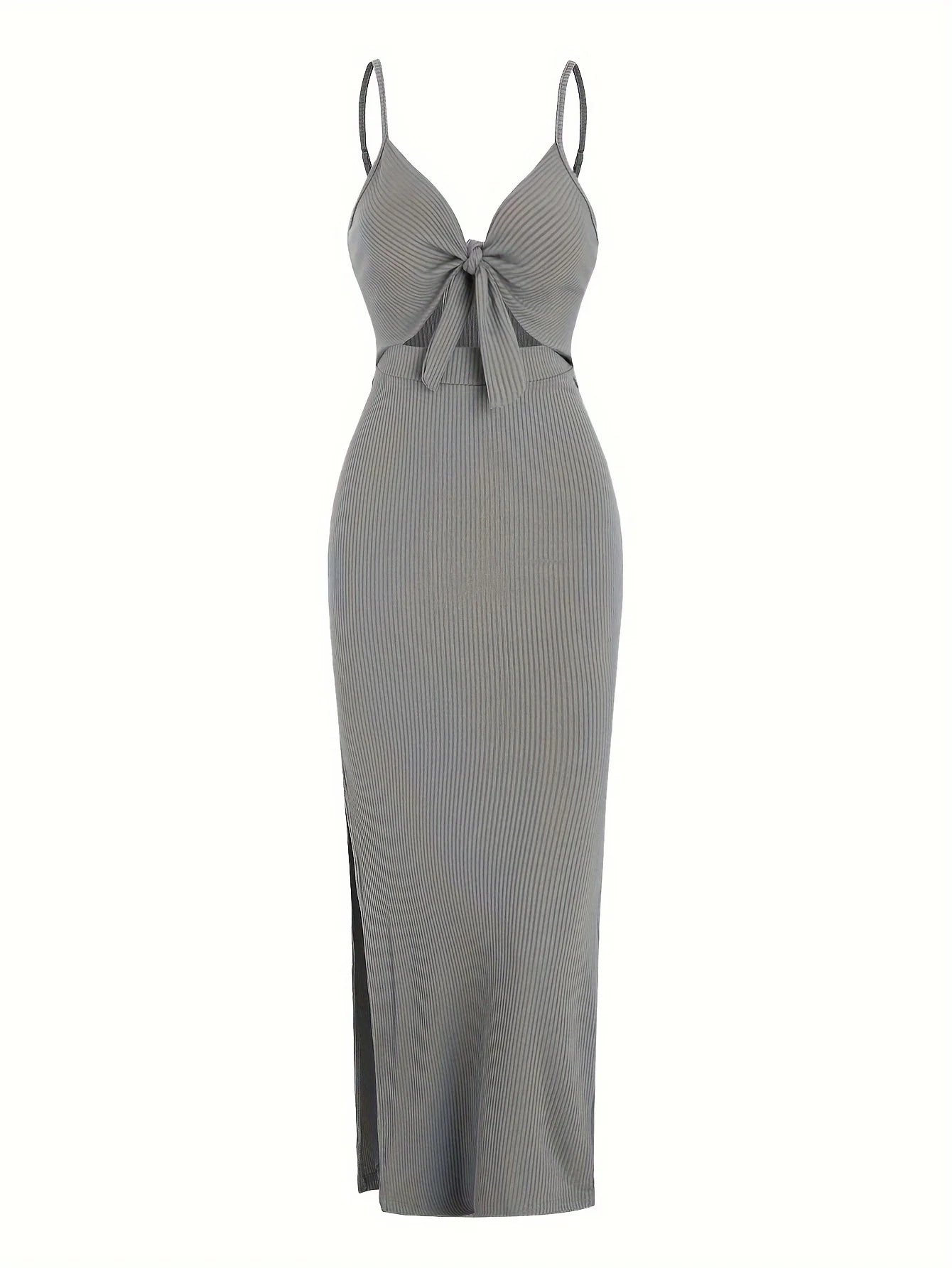 Ribbed Bowknot Design Spaghetti Strap V-Neck Knitted Sleeveless Solid Color High Slit Maxi Dress