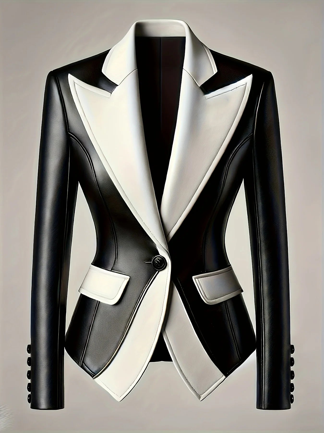 Formal Black/White Colorblock Women's Turn-Down Collar PU Leather Single Button Blazer Jacket