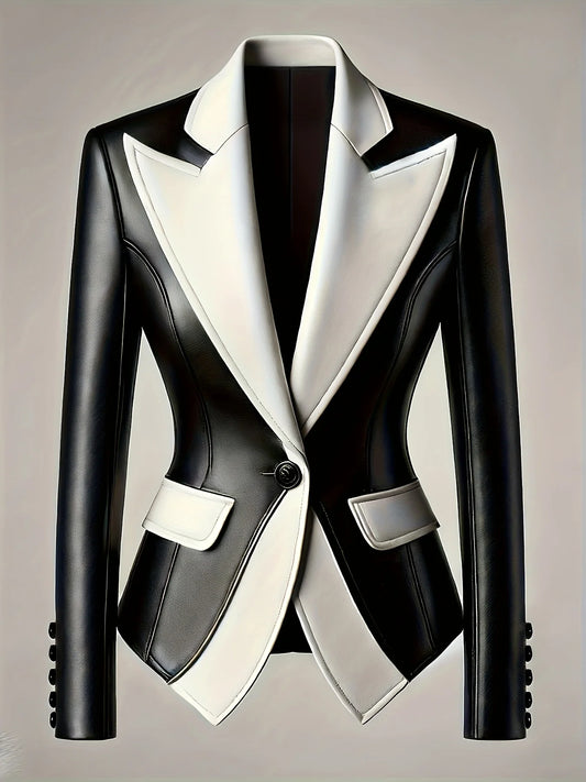 Formal Black/White Colorblock Women's Turn-Down Collar PU Leather Single Button Blazer Jacket