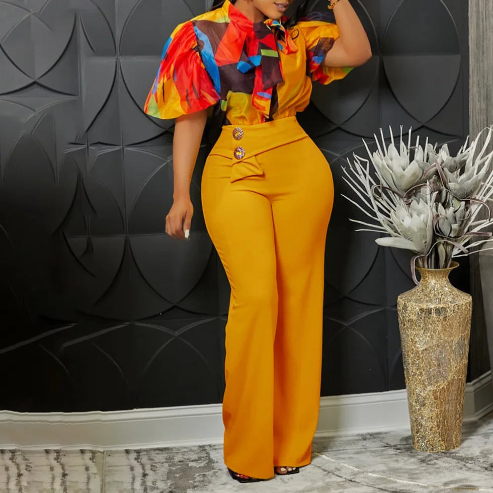 African Print Scarf Collar Short Puff Sleeved Blouse + High-Waisted Flared Pants 2-Piece Plus Size Set to 5X