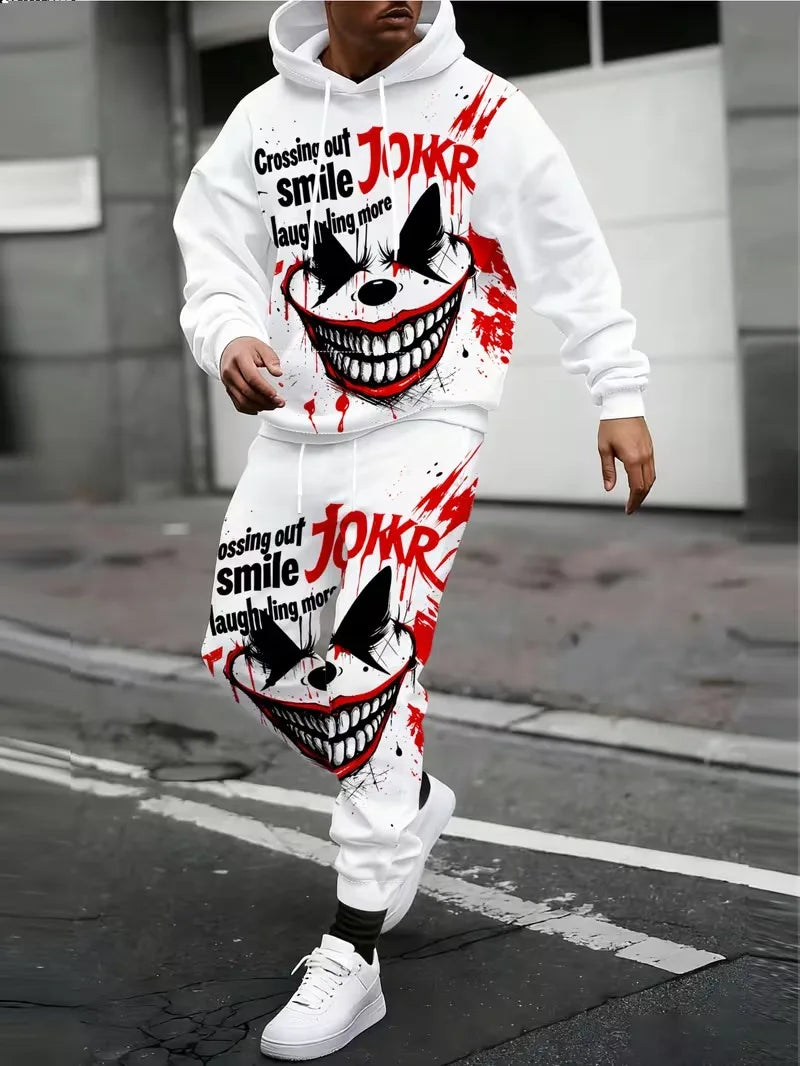 Men's Hip-Hop "HAHA" 3D Clow Graffiti Print Long Sleeve Hoodie Sweatshirt+ Streetwear Drawstring Sweatpants Tracksuit