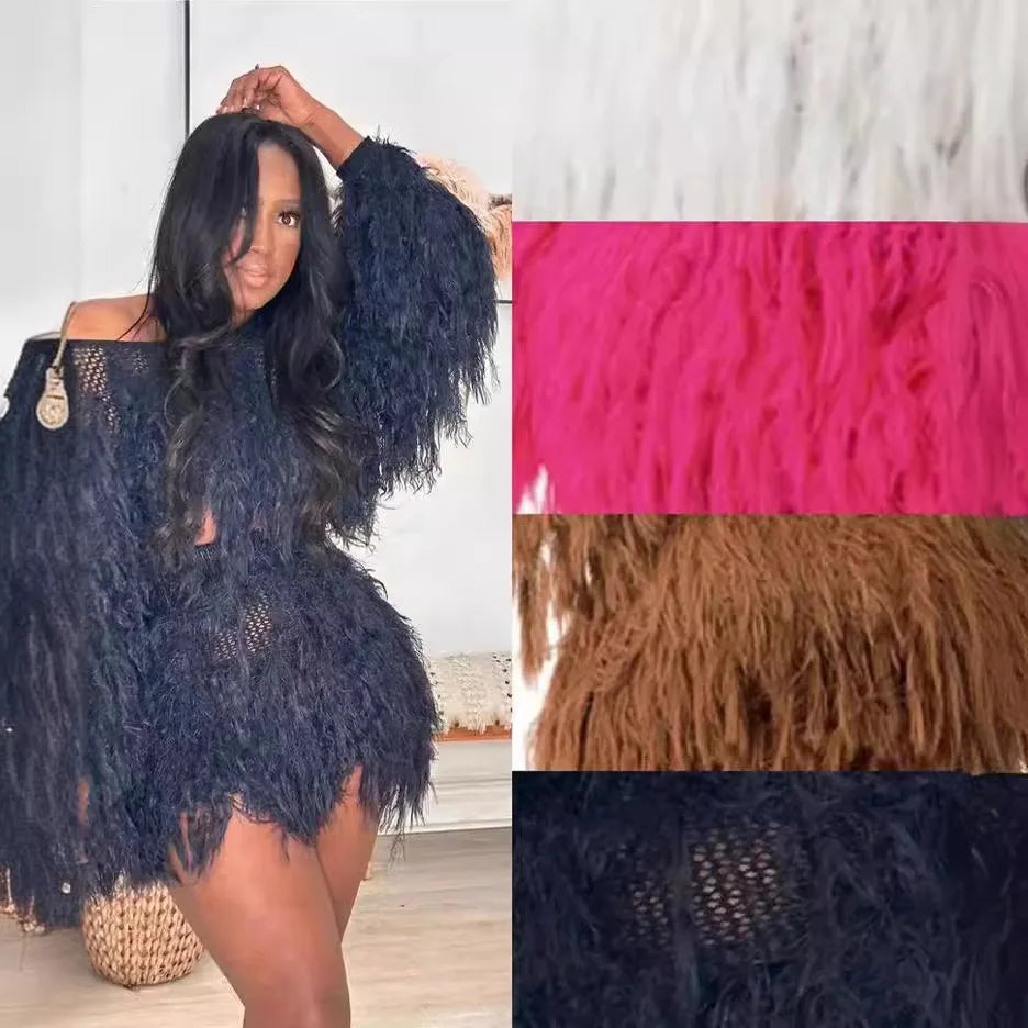 Tassel Fringe Women's Set Long Sleeve Knitted Crop Tops + Mini Skirt 2-Piece Piece Set