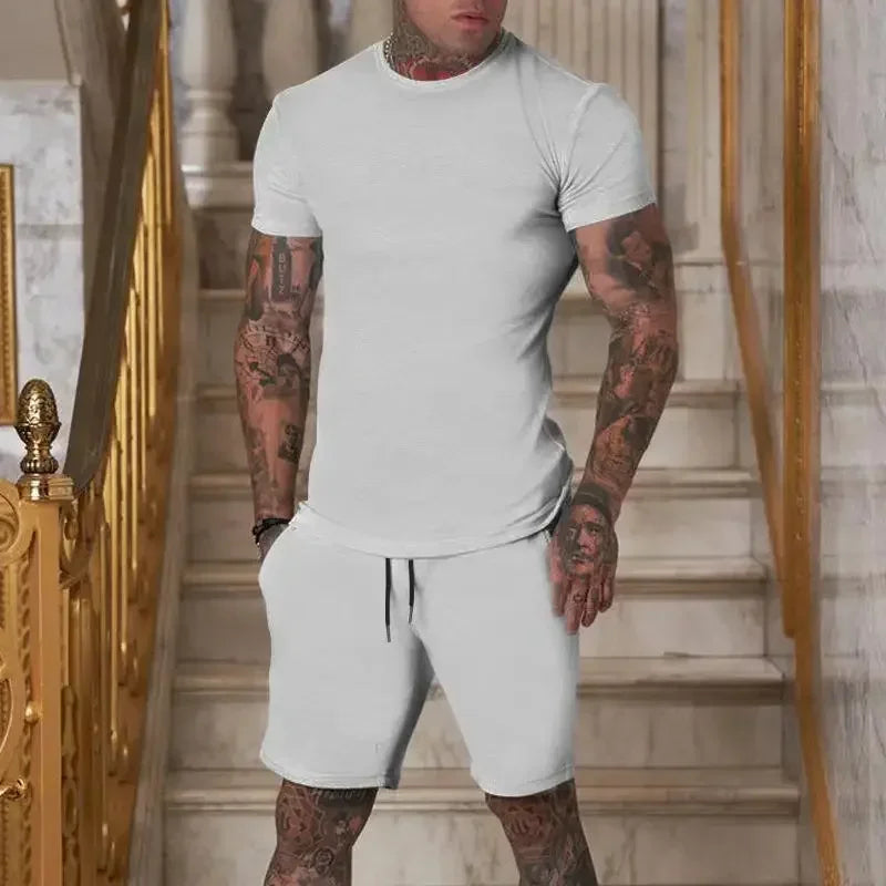 Men's Breathable Sportswear Short Sleeve T-Shirt + Drawstring Basketball Shorts 2-Piece Fitness Set to 4X Big & Tall