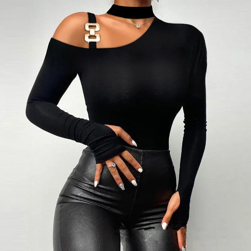 Off-the-Shoulder Diamond/Pearl/Lace Hollow-Out Black Long Sleeve Shirt