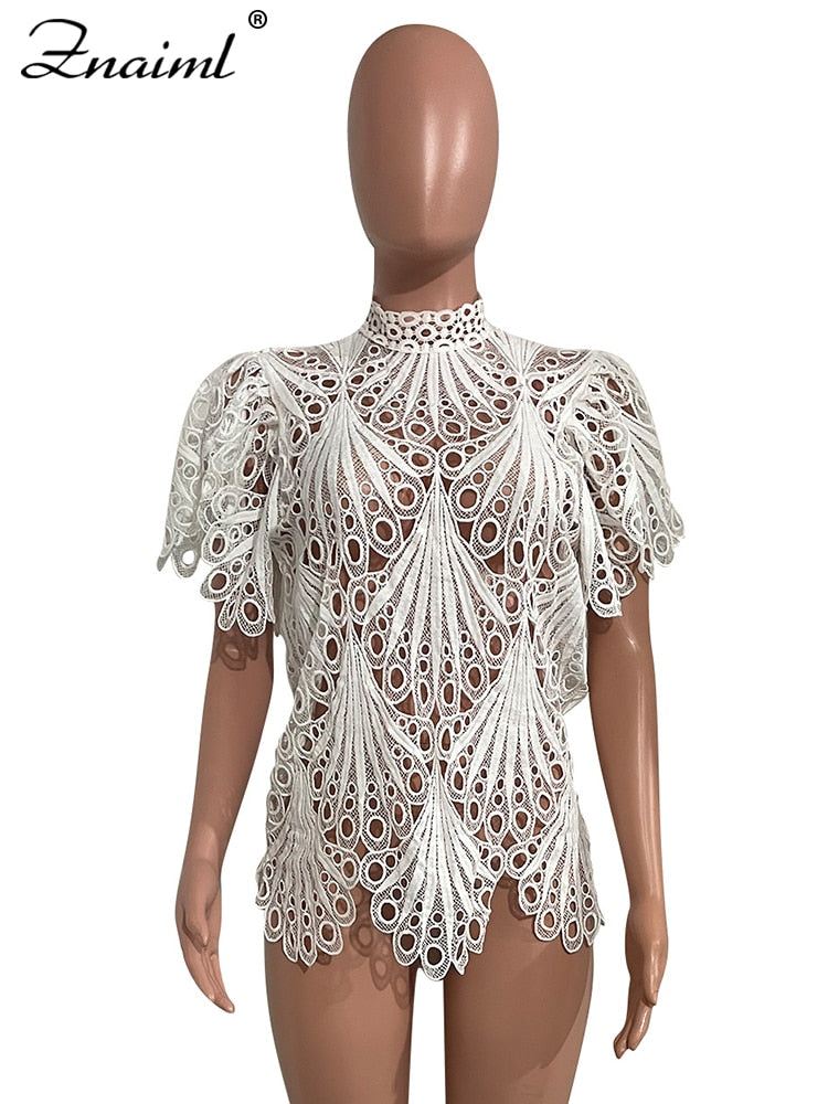 Hollow Out Mesh Lace Transparent Cropped Blouse