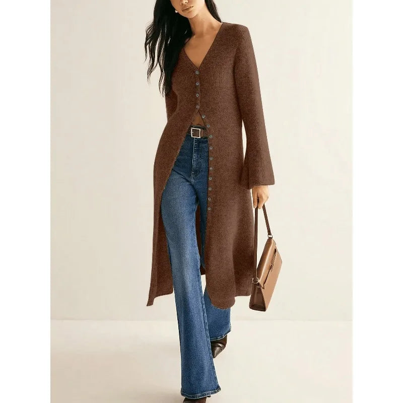Knitted Long Flared Sleeve Button Front Bodycon Women's Maxi Sweater