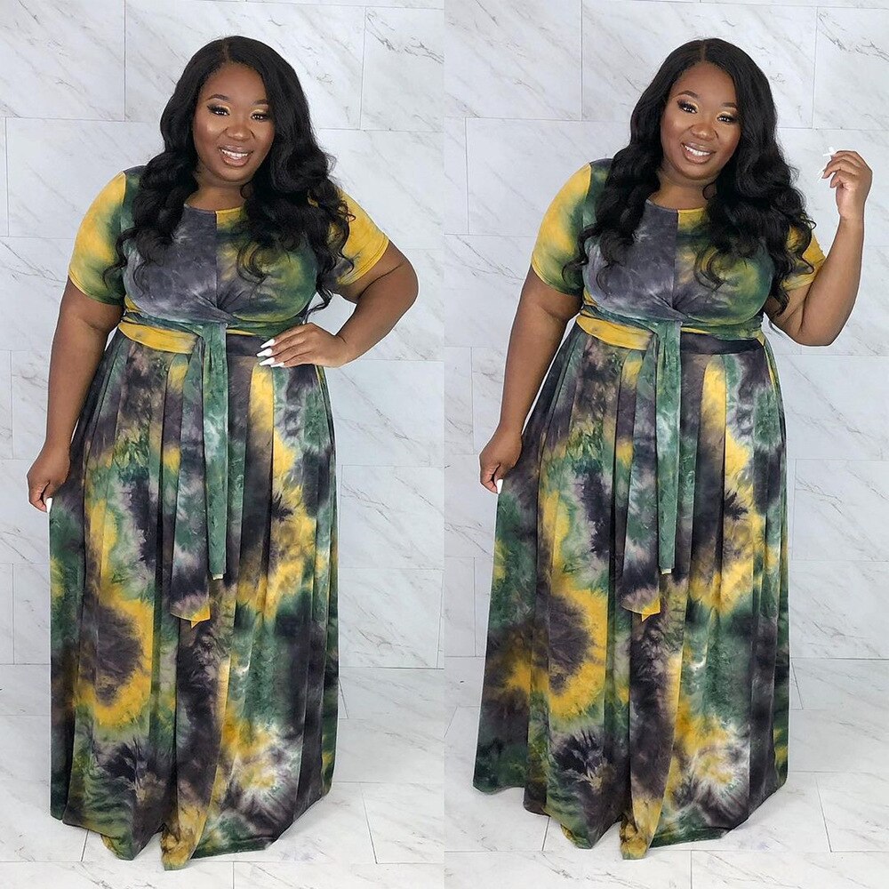 Tie-Dye/Plaid/Colorblock/Geometric/Floral/Polka Dot O-Neck Ladies Crop Top + Maxi Skirt 2-Piece Set to 5X Plus Size