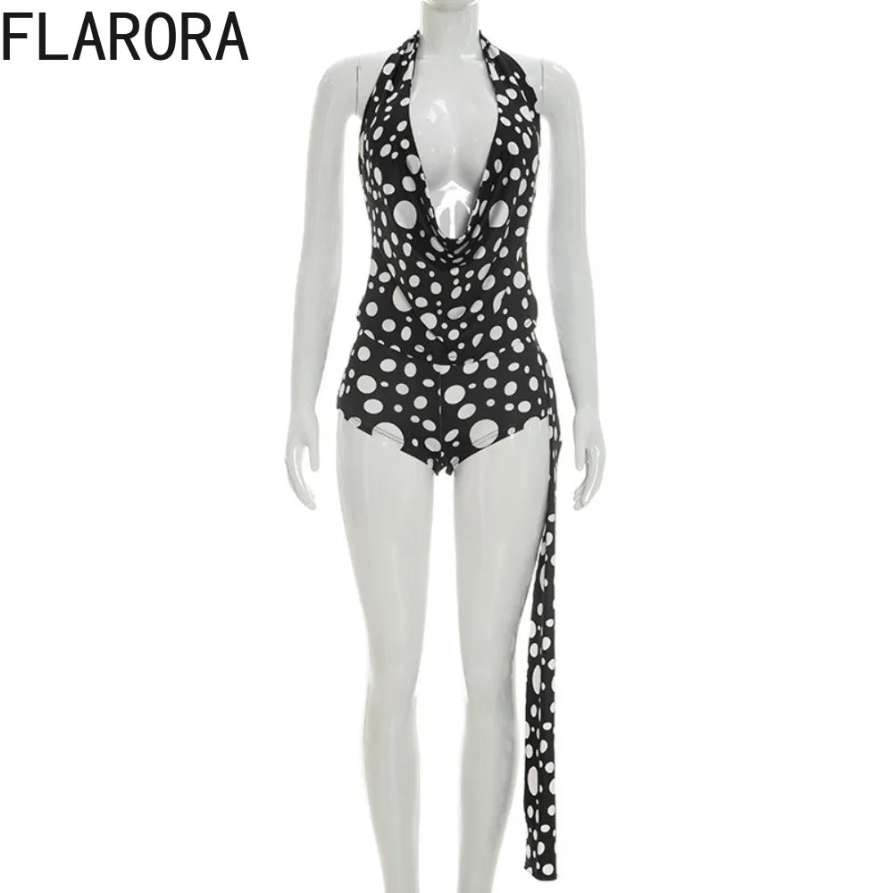 FLARORA Sexy Polka Dot Print 2 Piece Sets Woman Trend Halter V Neck Backless Ruched Tops And Ribbon Shorts Hottie Street Suits
