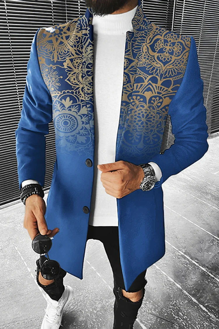 Men's Stand Collar Colorblock/Plaid/Geometric/African 3D Print 3/4 Length Button-Up Jacket 5X Big & Tall