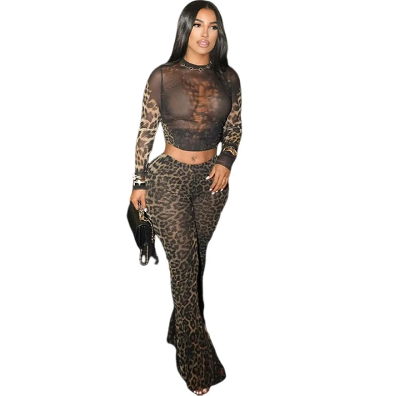 Sheer Transparent Leopard Print Hollow-Out Long Sleeve Crop Top + Skin Tight Leggings Women's 2-Piece Set