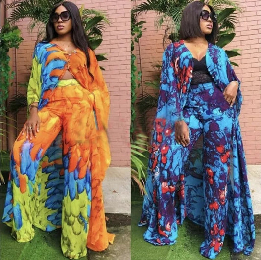 Chiffon African Print Oversized Ladies Maxi Tops + Matching Loose Wide Leg Pants 2-Piece Set