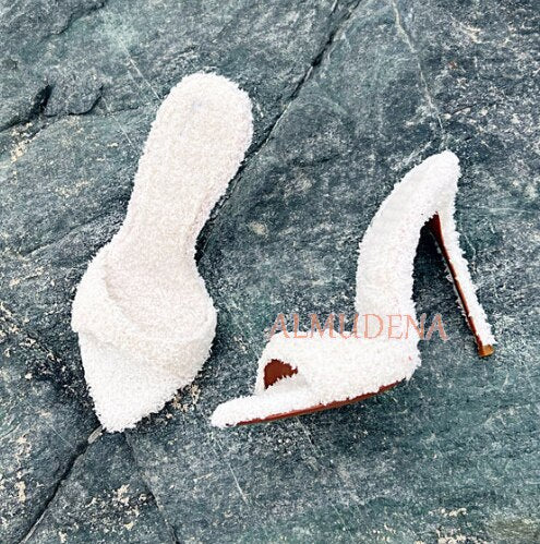 Pointed Toe Fur Mules Pencil Thin Heel Furry Stiletto Sandal Pumps