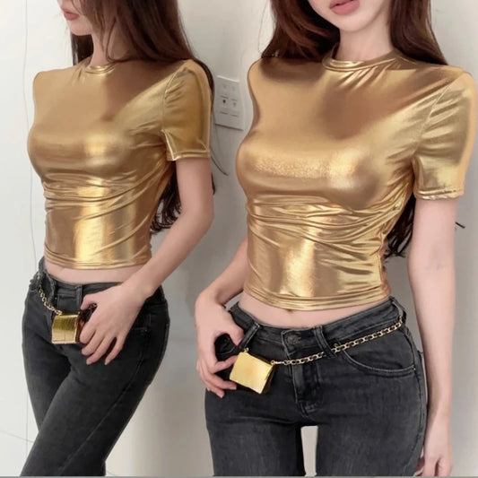 Gold Metallic Faux Leather Stand Collar Short Sleeve Women's Shirt