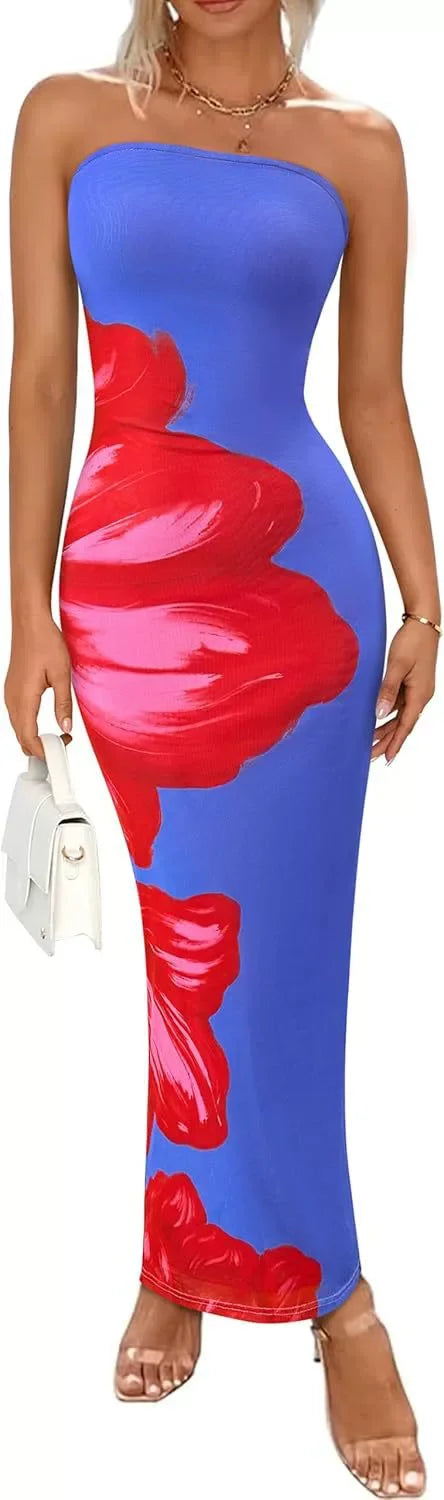 Sleeveless Big Flower Print Bodycon Skinny Maxi Tube Dress