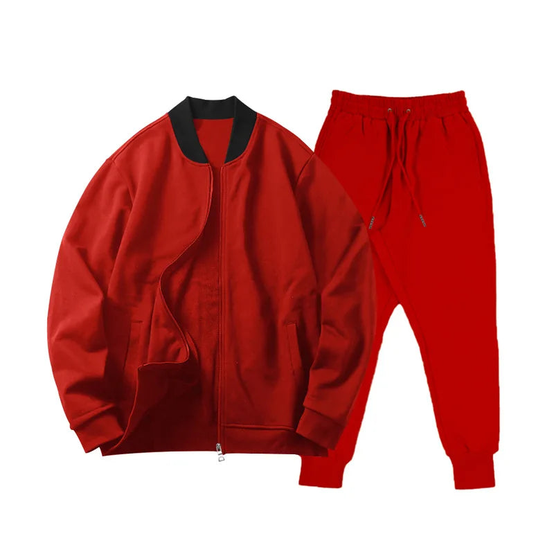 Men's O-Neck Colorblock Bomber Sweat Jacket + Drawstring Jogger Sweatpants Tracksuit
