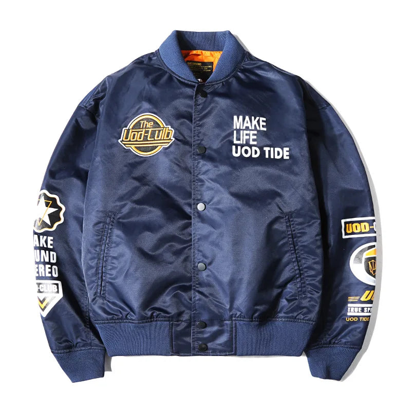 Men's Embroidered Hip-Hop Jacket Military Motorcycle Aviator Pilot Baseball Bomber Jacket