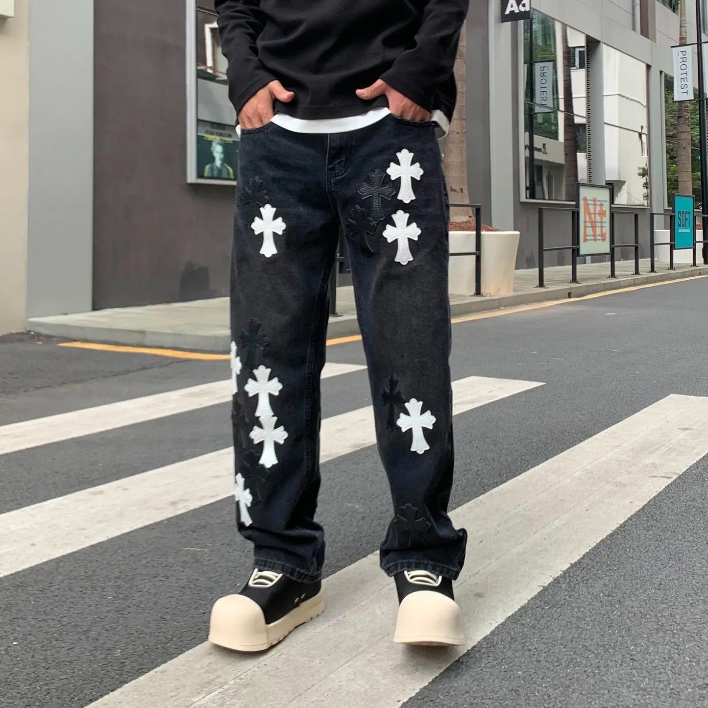 Men's Denim Black Cross Print Streetwear Mid-Rise Straight Leg Wide Leg Jeans