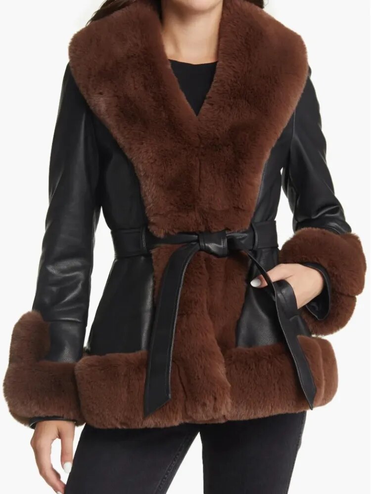 Faux Fur PU Leather Short Tie Belt Waist Coat