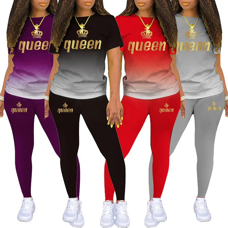 Metallic "Queen" Gold Ombre Gradient Colorblock Print Short Sleeve T-Shirt + Leggings 2-Piece Set to 5X