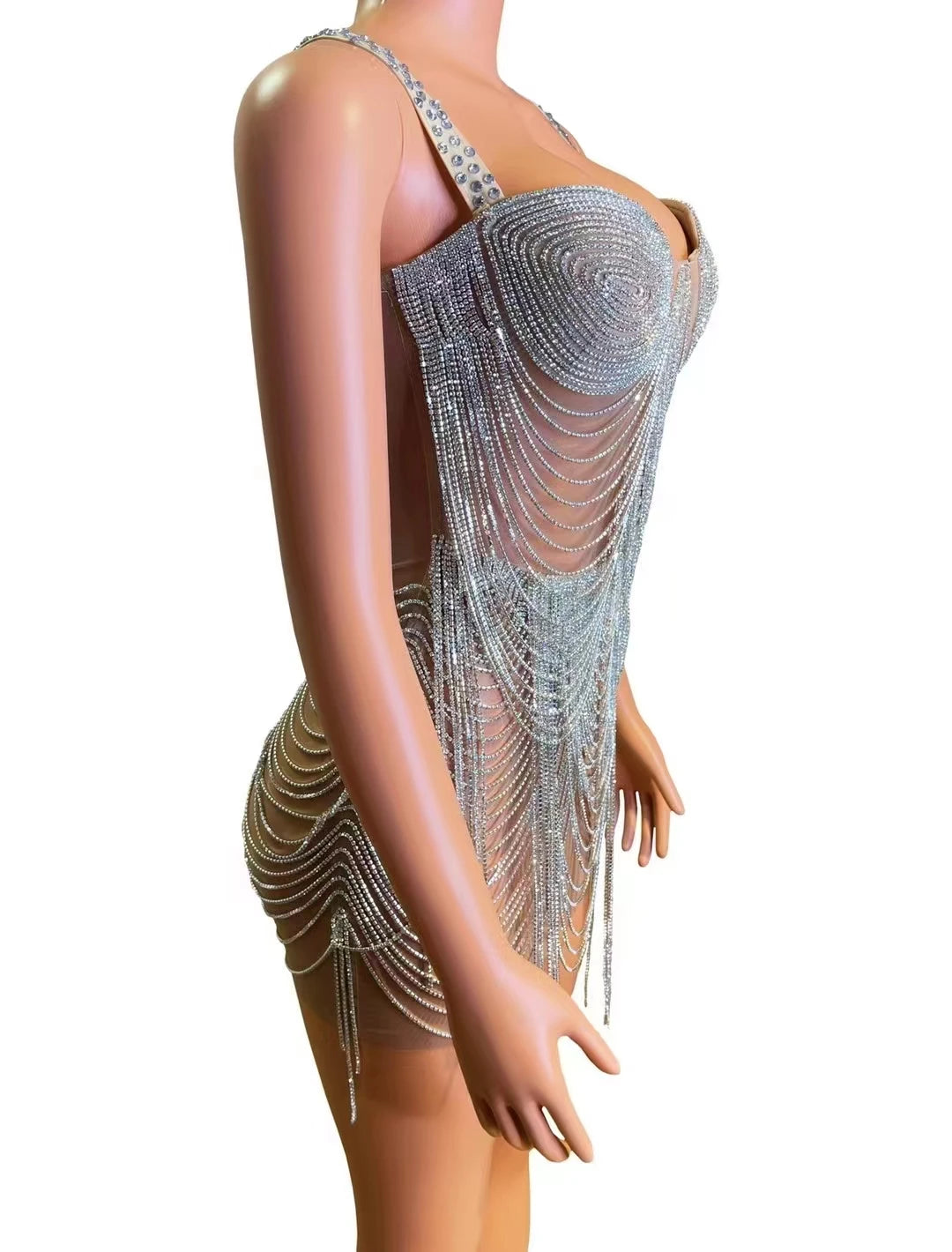 Rhinestone Crystal Metallic Tassel Fringe Transparent Stage Performance Bodysuit