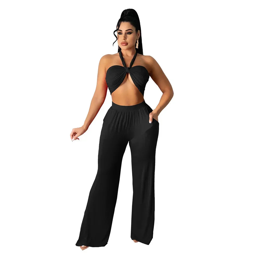 Strapless Hollow-Out  Hatler Neck Crop Top + Leggings Bodycon Solid Color Women's 2-Piece Set