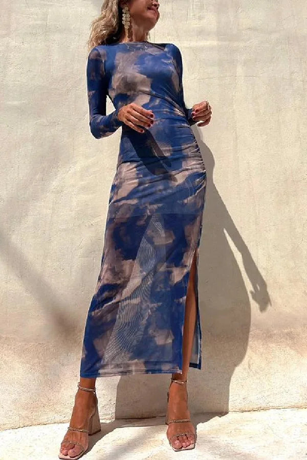 Mesh Floral Transparent Printed Long Sleeved Dress