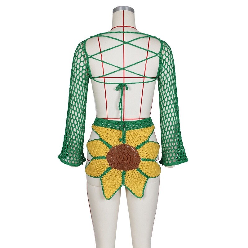 Handmade Crochet Sunflower Beach Cover-Up 2-Piece Long Sleeve Crop Top + Mini Bodycon Skirt Set