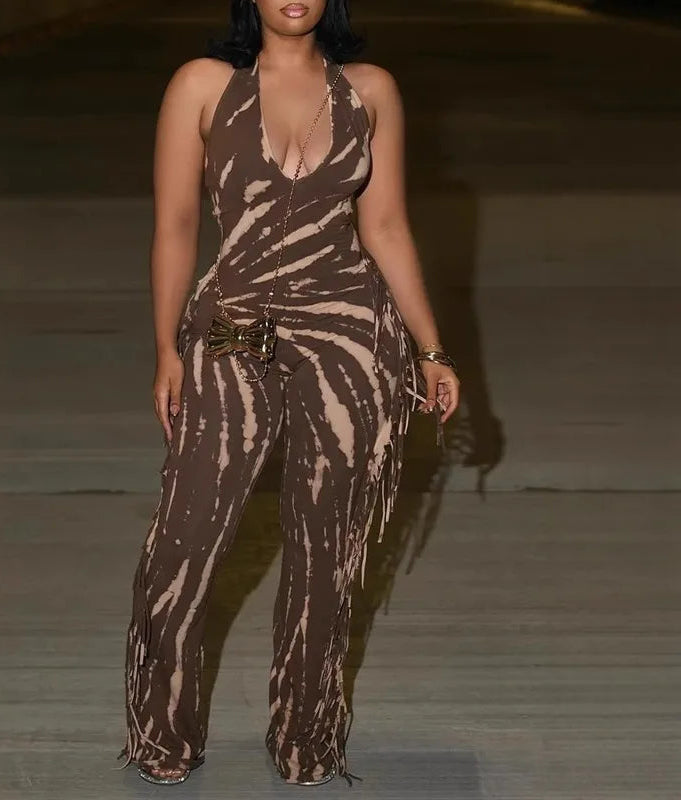 Coffee/Grey Striped Swirl Print Tassel Fringe Design Backless V-Neck Bodycon Women's Sleeveless Jumpsuit to 3X Plus Size