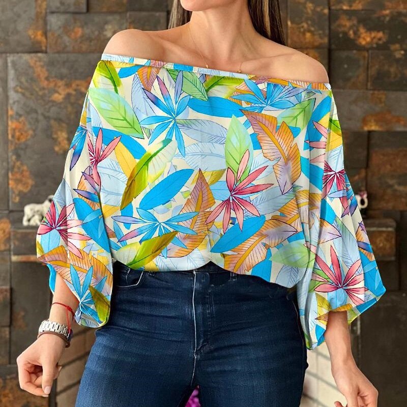 Lantern Sleeve Off Shoulder Printed Blouse to 3X