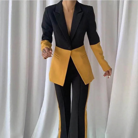 Colorblock Single Breasted Women's Blazer Jacket + Flared Leg Pants Suit