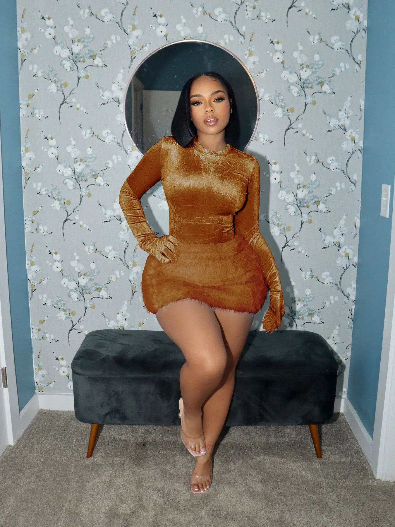 Velvet Long Sleeve Solid Color Women's Bodysuit+ Faux Fur Mini Skirt 2-Piece Set