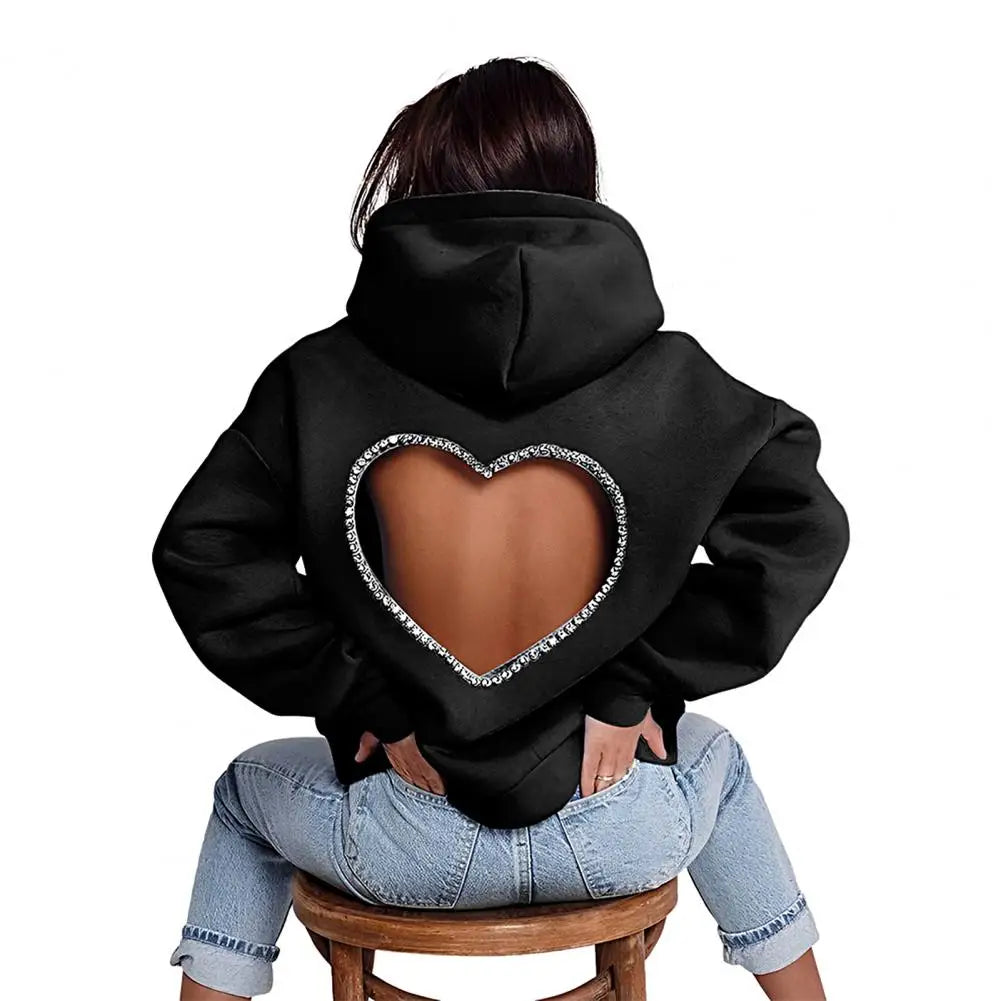 Heart Shape Ladies Backless Hollow-Out Rhinestone Pullover Solid Color Hoodie