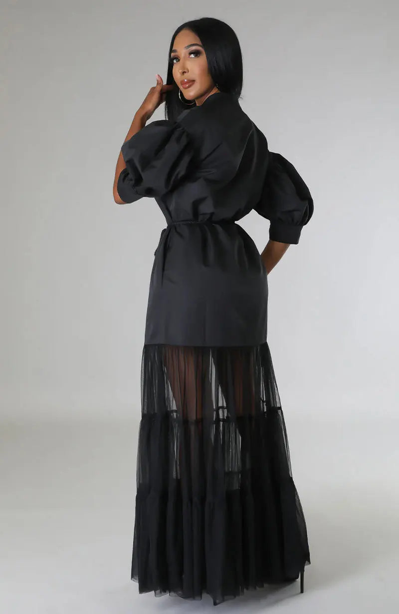 Puff 1/2 Sleeve Tiered Sheer Transparent Tulle Tutu Skirt Design Maxi Shirt Dress