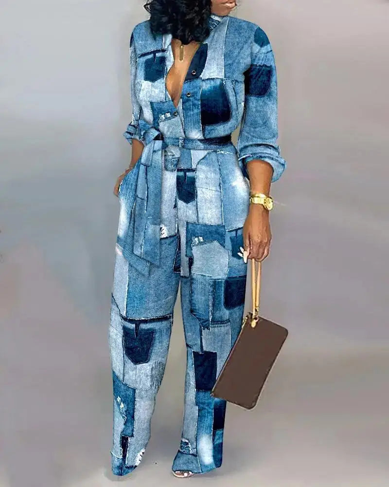 Baroque Paisley/Geometric/ Faux Denim Colorblock Print Deep V-Neck Long Sleeve  Women's Jumpsuits w/ Sash Belt