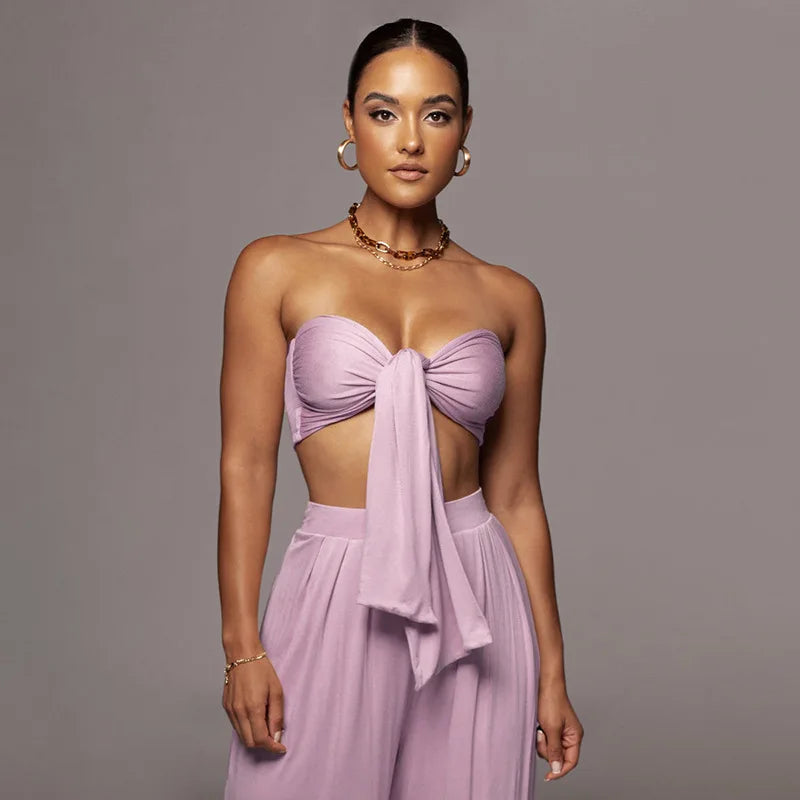 Sleeveless Bowknot Design Tube Top+ Wide Leg Pants Women's Solid Color 2-Piece Set