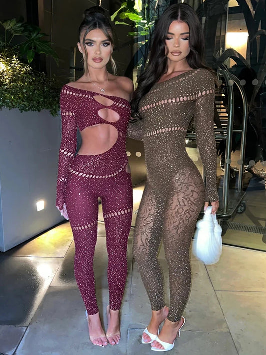 Sparkling Off-the-Shoulder Rhinestone Long Sleeve High Stretch Sexy Skin Tight Hollow-Out Jumpsuit