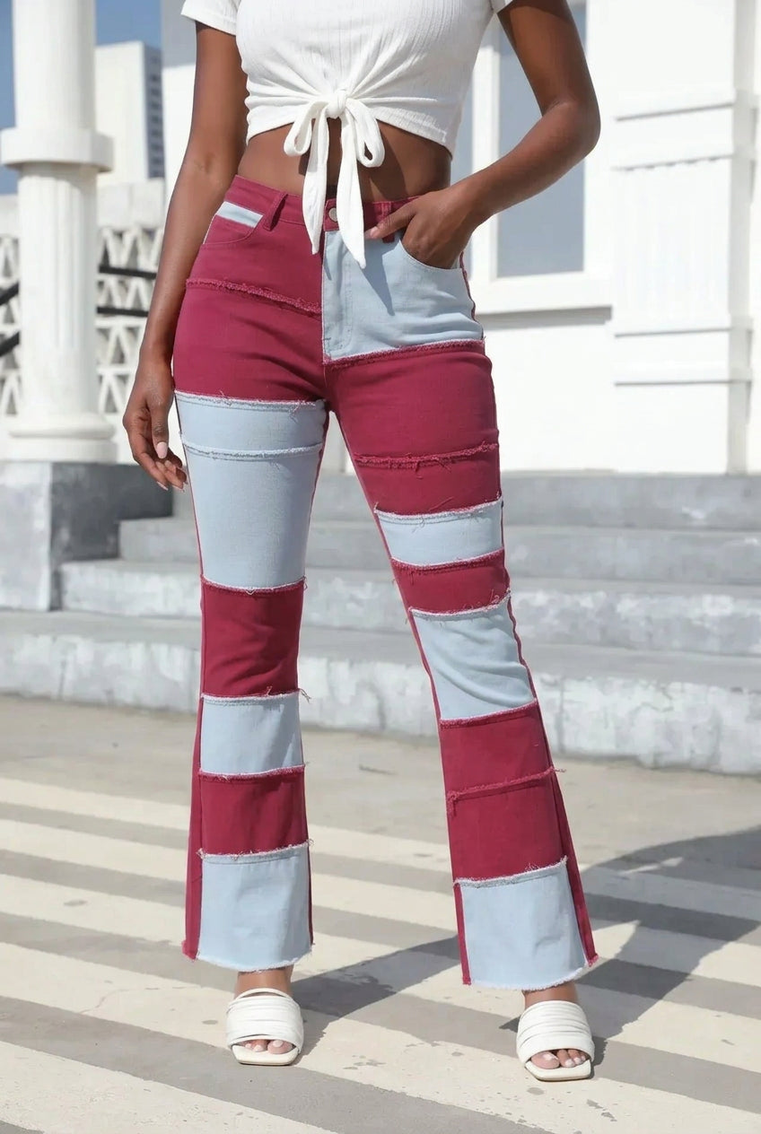 Denim Colorblock Checker Print Washed Women's Ankle Length Flared Bootcut Jeans to 3X Plus Size