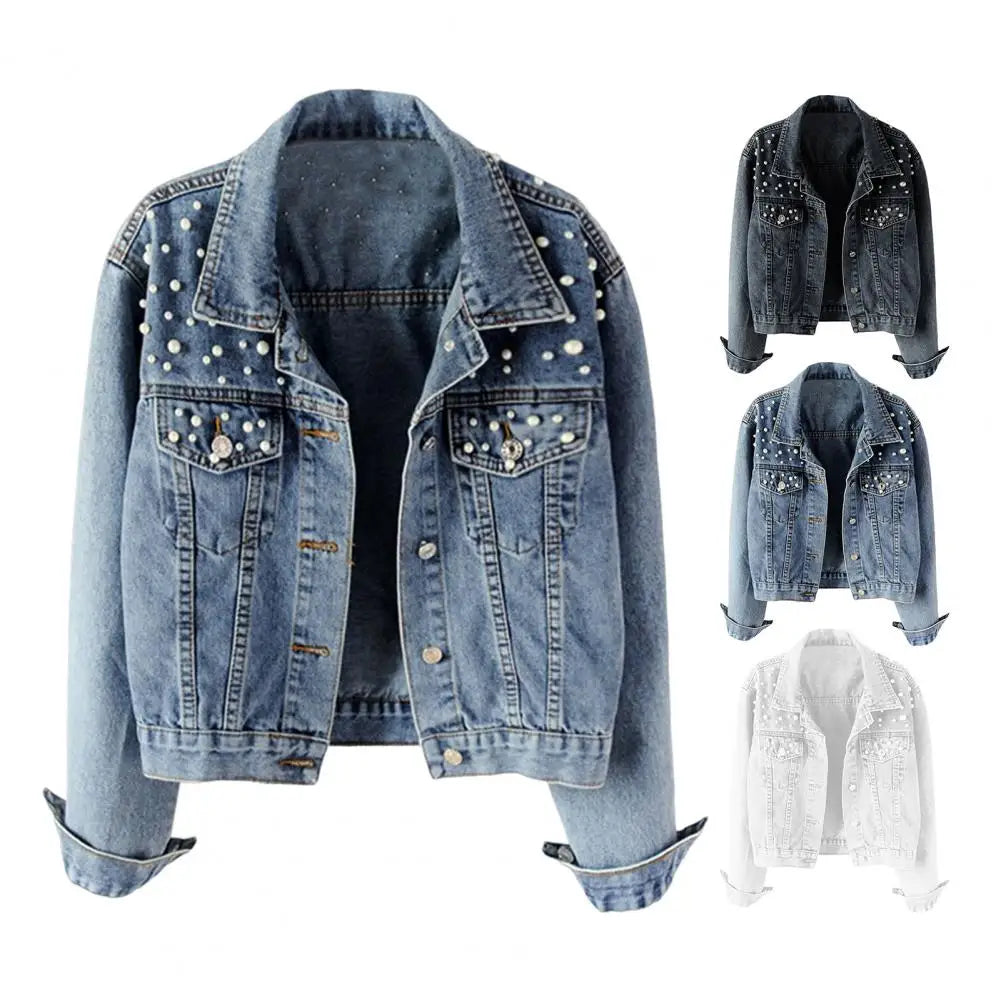 Pearl Beaded Single Breasted Cropped Denim Women's Jean Jacket to 3X Plus Size